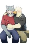  2020 accipitrid accipitriform anthro aoba_(beastars) arm_around_shoulders avian beak beastars belly_rub biped bird black_clothing black_nose black_shirt black_topwear blue_bottomwear blue_clothing blue_pants blush bottomwear canid canine canis cheek_tuft clothed clothing duo eagle embrace eye_contact facial_tuft feathers fully_clothed fully_clothed_anthro fully_clothed_male fur grey_body grey_fur hi_res kemono legoshi_(beastars) looking_at_another male male/male mammal multicolored_body multicolored_fur pants red_clothing red_shirt red_topwear shinki_k shirt sitting tan_bottomwear tan_clothing tan_pants topwear tuft two_tone_body two_tone_fur white_body white_feathers white_fur wolf yellow_beak 