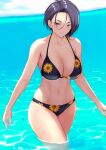  1girl alternate_costume anagumasan bikini black_bikini black_hair black_swimsuit blue_sky breasts cloud collarbone commentary day fire_emblem fire_emblem:_three_houses floral_print grin highres in_water large_breasts looking_at_viewer navel partially_submerged purple_eyes shamir_nevrand short_hair sky smile solo swimsuit water wet 