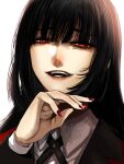  1girl bangs black_hair blunt_bangs formal highres hime_cut hoshi_san_3 hyakkaou_academy_uniform jabami_yumeko jacket kakegurui open_mouth portrait red_eyes red_jacket red_nails red_suit smile suit 