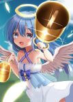  1girl :d absurdres angel angel_wings bare_shoulders bell bellringer_angel blue_eyes blue_hair breasts day dress feathers glint halo halterneck highres holding holding_bell jewelry long_hair looking_at_viewer momonari1999 open_mouth outdoors shadowverse small_breasts smile solo white_dress white_wings wings 