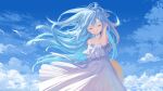  1girl bangs bare_shoulders bird blue_hair blue_sky closed_eyes cloud cloudy_sky collarbone copyright_request dress floating_hair flower flower_necklace hand_in_own_hair highres jewelry long_hair necklace off-shoulder_dress off_shoulder ritsuki seagull sky solo virtual_youtuber white_dress wind 