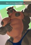  anthro big_pecs black_hair body_hair chest_hair clothed clothing common_hippopotamus ear_piercing ear_ring genitals grey_body guzreuef hair hi_res hippopotamid looking_at_viewer male mammal musclegut muscular muscular_male navel partially_clothed pecs penis piercing selfie smile smiling_at_viewer snapchat solo speedo swimwear text topless 