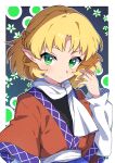  1girl absurdres blonde_hair blush braid brown_jacket closed_mouth french_braid green_eyes highres jacket long_sleeves looking_at_viewer miz_(mizillustration) mizuhashi_parsee multicolored_clothes multicolored_jacket pointy_ears short_hair solo touhou upper_body 