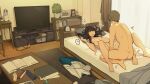  1boy 1girl bed black_hair book bottle breasts brown_hair censored completely_nude curtains earrings hetero highres indoors jewelry large_breasts long_hair lying missionary mosaic_censoring nipples nude on_back original pillow plant sex short_hair table television wakamatsu372 window 