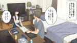 1boy 1girl bed black_hair blue_shirt book bottle brown_hair commentary_request curtains earrings highres indoors jewelry long_hair original plant shirt short_hair short_sleeves speech_bubble studying table television translation_request wakamatsu372 white_shirt window 