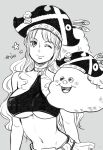  1girl breasts choker cloud greyscale hat highres large_breasts long_hair misokkasu monochrome nami_(one_piece) one_eye_closed one_piece one_piece:_film_red pirate pirate_hat skirt smile underboob zeus_(one_piece) 