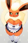  anthro big_breasts blonde_hair breasts cleavage clothed clothing eeveelution female flareon hair hi_res maid_uniform nintendo okiai_umi pok&eacute;mon pok&eacute;mon_(species) solo uniform video_games 