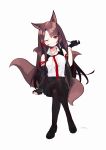  1girl absurdres akagi_(azur_lane) akagi_(muse)_(azur_lane) akutaa animal_ears azur_lane black_footwear black_gloves black_legwear black_skirt brown_hair brown_tail collared_shirt earpiece fox_ears fox_tail gloves highres kitsune long_hair looking_at_viewer loose_necktie miniskirt multiple_tails necktie one_eye_closed pantyhose partially_fingerless_gloves partially_unbuttoned red_eyes red_necktie shirt shoes simple_background skirt solo tail white_background 