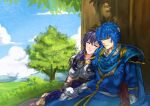  1boy 1girl absurdres armor black_hair blue_hair breastplate cape closed_eyes fire_emblem fire_emblem:_genealogy_of_the_holy_war gloves gouble3 grass head_on_another&#039;s_shoulder highres holding_hands larcei_(fire_emblem) on_ground outdoors pauldrons purple_eyes seliph_(fire_emblem) shoulder_armor sitting sleeping smile tree under_tree 
