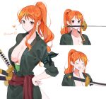  1girl bandaged_arm bandages breasts cleavage earrings jewelry joman large_breasts long_hair nami_(one_piece) one_piece orange_eyes orange_hair ponytail roronoa_zoro sword weapon 