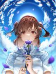  1girl absurdres aijou_karen anemone_(flower) aoi_hane artist_name bangs blue_necktie blue_sky blurry blurry_foreground brown_eyes brown_hair chromatic_aberration closed_mouth cloud collared_shirt commentary crown_hair_ornament day falling_petals flower from_below hair_ornament hairclip hands_up highres holding holding_flower light_smile looking_at_flowers looking_at_object looking_down necktie outdoors petals purple_flower shirt short_hair short_sleeves shoujo_kageki_revue_starlight signature sky solo sun swept_bangs two_side_up upper_body white_shirt 