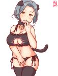  1girl alternate_costume animal_ears artist_logo bangs bell black_bra black_legwear black_panties bra breasts cat_cutout cat_ear_panties cat_ears cat_lingerie cat_tail cleavage cleavage_cutout clothing_cutout commentary_request cowboy_shot dated forehead frilled_bra frills grey_hair jingle_bell kanon_(kurogane_knights) kantai_collection large_breasts meme_attire neck_bell one-hour_drawing_challenge panties short_hair side-tie_panties simple_background solo swept_bangs tail tamanami_(kancolle) thighhighs underwear underwear_only white_background yellow_eyes 