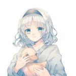  1girl angel braid casual commission green_eyes hairband halo_removed headset_removed highres kamishiro_rita object_hug papermoon_game prism_project second-party_source skeb_commission solo stuffed_animal stuffed_toy virtual_youtuber white_hair 