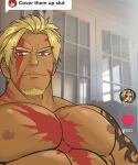  1boy abs bara beowulf_(fate) blonde_hair chest_tattoo cover_them_up_slut_(meme) cyber_cowboi dark-skinned_male dark_skin facial_hair fate/grand_order fate_(series) forked_eyebrows goatee highres large_pectorals looking_at_viewer male_focus mature_male meme muscular muscular_male nipples nude pectoral_focus pectorals red_eyes short_hair sideburns solo tattoo upper_body 