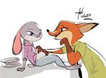  absurd_res anthro canid canine disney duo female fox fur grey_body grey_fur hi_res judy_hopps lagomorph leporid looking_at_another male mammal nick_wilde orange_body orange_fur purple_eyes rabbit red_fox shaded signature sitting windspan zootopia 