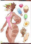  2015 5_fingers anthro breasts brown_body brown_hair candy chameleon chimereon clair_(seel_kaiser) clothing dessert egg female fingers fish food gem genitals green_eyes hair horn ice_cream jackson&#039;s_chameleon lizard lollipop marine non-mammal_breasts one-piece_swimsuit pussy reptile scalie seel_kaiser signature simple_background smile solo standing swimwear tusks white_background 