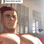  1boy areolae bara bekkomi brown_hair character_request copyright_request cover_them_up_slut_(meme) large_pectorals looking_at_viewer male_focus meme muscular muscular_male nude pectoral_focus pectorals ponytail short_hair solo sunlight thick_eyebrows undercut upper_body 