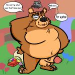  2022 activision anthro balls belly big_belly black_nose brown_body english_text erection eyewear genitals inked-waffle male mammal moneybags_(spyro) monocle moobs overweight overweight_male penis solo spyro_reignited_trilogy spyro_the_dragon text ursid video_games 
