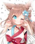  +_+ 1girl absurdres animal_ears bangs blue_eyes blush_stickers braid breasts brown_hair choker claw_pose cleavage crossed_bangs dithering eyebrows_visible_through_hair fang flower fox_ears french_braid hair_flower hair_ornament highres indie_virtual_youtuber japanese_clothes kimono large_breasts long_hair looking_at_viewer nontraditional_miko one_eye_closed original red_nails ribbon_choker skin_fang smile snowflake_background solo u_da_desu upper_body virtual_youtuber yukinome_(vtuber) 