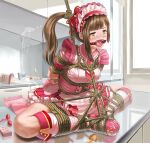  1girl arms_behind_back asymmetrical_hair back_bow bangs bdsm blush bondage bound bow broken_egg brown_eyes brown_hair buttons crying crying_with_eyes_open double-breasted drooling egg feet_together flour food frills frogtie fruit full_body gag hair_bow happy_birthday highres idolmaster idolmaster_cinderella_girls igarashi_kyoko indoors itou_tatsuya maid maid_headdress necktie on_counter open_mouth packet pink_footwear pink_necktie ponytail red_bow red_ribbon ribbon ring_gag saliva shibari shibari_over_clothes solo strawberry tears tongue window 