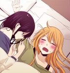  2girls aihara_mei aihara_yuzu bed blonde_hair blush citrus_(saburouta) closed_eyes dress green_dress multiple_girls on_bed pillow purple_dress purple_eyes purple_hair sleeping yuri 