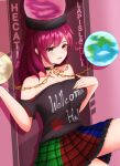  1girl bangs bare_shoulders black_choker breasts chain choker clothes_writing earth_(ornament) english_text hand_on_own_chest hatoman_(ytef4434) heart hecatia_lapislazuli highres legacy_of_lunatic_kingdom long_hair moon_(ornament) multicolored_clothes off-shoulder_shirt off_shoulder open_mouth plaid plaid_skirt polos_crown red_eyes red_hair shirt short_sleeves skirt smile solo t-shirt touhou underworld_(ornament) 