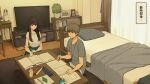  1boy 1girl bed black_hair blue_shirt book bottle brown_hair curtains earrings highres indoors jewelry long_hair original plant shirt short_hair short_sleeves studying table television translation_request wakamatsu372 white_shirt window 
