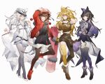  4girls black_dress black_hair blake_belladonna blonde_hair blue_eyes brown_hair coat dress gloves goggles goggles_around_neck goggles_on_headwear grey_eyes hair_ornament hat highres long_hair multiple_girls ponytail purple_eyes ruby_rose rwby short_hair silver_hair weiss_schnee white_dress yang_xiao_long yellow_eyes yuji_(fantasia) 