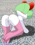  2_horns all_fours anus artist_name blush butt closed_smile clothing female female_focus genitals green_hair hair hair_over_eyes horn humanoid kneeling leggings legwear looking_at_viewer looking_back nintendo pink_leggings pok&eacute;mon pok&eacute;mon_(species) presenting presenting_anus presenting_hindquarters presenting_pussy pussy ralts skewerflash solo thigh_highs video_games white_body young 