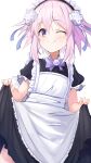  1girl ;) absurdres alternate_costume apron bimmy black_dress blush bow bowtie collared_dress d-pad d-pad_hair_ornament dress enmaided frilled_apron frilled_sleeves frills hair_ornament hands_up happy highres looking_at_viewer maid maid_headdress medium_hair neptune_(neptune_series) neptune_(series) one_eye_closed pink_hair purple_bow purple_bowtie purple_eyes purple_hair short_sleeves skirt_hold smile solo white_apron 