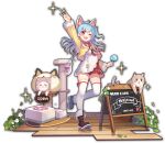  animal_ears artist_request bag bell blue_hair boots bow cafe cat cat_cafe cat_ears cat_tower chalkboard_sign copyright_name english_text fang flower food game_cg handbag heart highres holding holding_food igarashi_haruna leaf mahjong mahjong_soul official_art one_eye_closed pink_bow plant popsicle red_eyes sign simple_background skin_fang solo sparkle standing standing_on_one_leg tenbou thighhighs third-party_source transparent_background white_flower yostar 