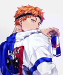  1boy alternate_eye_color back black_headband blue_jacket can duuu_re earrings energy_drink haikyuu!! headband highres hinata_shouyou holding holding_can jacket jewelry looking_at_viewer male_focus multicolored_clothes multicolored_jacket multiple_rings neck_tattoo orange_hair red_bull red_eyes red_jacket ring short_hair solo tattoo twitter_username upper_body white_jacket 