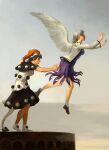  2girls amibazh angel_wings beige_jacket blue_eyes blue_hair bow bowtie braid brown_footwear doremy_sweet dream_soul dress faux_traditional_media feathered_wings fine_art_parody french_braid hat kishin_sagume long_hair multiple_girls nightcap parody pom_pom_(clothes) purple_dress purple_skirt red_bow red_bowtie red_eyes short_hair single_wing skirt tail tapir_tail texture touhou white_hair white_wings wings 