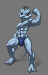  2022 3_toes blue_body blue_speedo brown_eyes clothing digital_media_(artwork) feet flexing hi_res humanoid impiousred machop male muscular muscular_humanoid muscular_male nintendo nipples pok&eacute;mon pok&eacute;mon_(species) pose shadow simple_background smile solo speedo swimwear toes video_games 