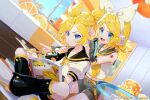  1boy 1girl bangs blonde_hair blue_eyes bow brother_and_sister company_name copyright crypton_future_media detached_sleeves hair_bow hair_ornament hairclip headphones headset highres kagamine_len kagamine_rin leg_warmers piapro sailor_collar sawashi_(ur-sawasi) short_hair shorts siblings treble_clef twins vocaloid 