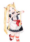  1girl :d abigail_williams_(fate) absurdres apron bangs black_dress blonde_hair blue_eyes bow commentary_request dress eyebrows_behind_hair fate/grand_order fate_(series) forehead frilled_apron frills head_tilt heart heart_hands highres long_hair puffy_short_sleeves puffy_sleeves red_bow red_footwear shoes short_sleeves simple_background smile solo striped striped_dress striped_legwear thighhighs twintails vertical-striped_dress vertical_stripes very_long_hair waist_apron white_apron white_background yukaa 