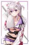  1girl :3 animal_ears animal_hands breasts choker cleavage closed_mouth collarbone eyebrows_visible_through_hair gloves hair_ornament hairclip highres indie_virtual_youtuber long_hair long_sleeves looking_at_viewer medium_breasts navel paw_gloves pink_hair pora_0918 purple_choker purple_eyes purple_hair purple_shorts shiny shiny_hair short_shorts shorts silver_hair smile solo sword underboob weapon weapon_on_back white_gloves white_sleeves x_hair_ornament xiho_(vtuber) 