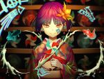  1girl :&gt; blurry blurry_foreground closed_mouth earrings fish floral_print flower goldfish hair_flower hair_ornament highres holding hoop_earrings japanese_clothes jewelry kimono matsu_bokkuri obi original pink_eyes pink_hair pinwheel sash short_hair single_earring solo toy upper_body water_stream 