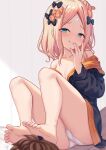  1girl abigail_williams_(fate) abigail_williams_(traveling_outfit)_(fate) bandaid bandaid_on_face bandaid_on_forehead bangs barefoot black_bow black_jacket blonde_hair blue_eyes blush bow breasts collarbone crossed_bandaids fate/grand_order fate_(series) feet forehead hair_bow hair_bun highres jacket licking_lips long_hair long_sleeves looking_at_viewer multiple_bows off_shoulder orange_bow panties parted_bangs polka_dot polka_dot_bow shimokirin sitting small_breasts smile tongue tongue_out underwear white_panties 