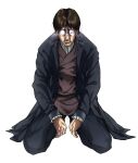  1boy black_pants brown_hair coat daisx_(dais0115) facial_hair full_body glasses goatee grisha_yeager highres kneeling male_focus official_style open_clothes open_coat pants round_eyewear sad shingeki_no_kyojin solo white_background 