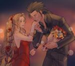  1boy 1girl aerith_gainsborough black_hair bracelet braid brown_hair dress final_fantasy final_fantasy_vii final_fantasy_vii_remake flower formal green_eyes hair_flower hair_ornament happy highres jewelry kiss kissing_hand long_hair red_dress scar smile suit sylvthea zack_fair 