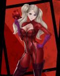  1girl bangs blue_eyes bodysuit boots breasts brown_footwear cleavage closed_mouth contrapposto floating_hair gloves hand_on_hip highres holding holding_mask large_breasts long_hair looking_at_viewer mask parted_bangs persona persona_5 purple_gloves red_background red_bodysuit senz signature silver_hair smile solo standing takamaki_anne thigh_boots thighhighs twintails very_long_hair zipper 