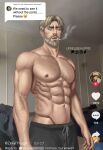  1boy abs arm_hair artist_name bara beard black_pants blonde_hair blue_eyes chest_hair cigarette dialogue_box facial_hair highres large_pectorals levi_(shingeki_no_kyojin) looking_at_viewer male_focus meme muscular muscular_male navel navel_hair nipples pants pectorals shingeki_no_kyojin short_hair solo tiktok topless_male urielbeaupre15 zeke_yeager 