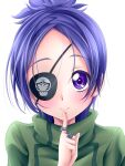  1girl chrome_dokuro closed_mouth eyepatch finger_to_mouth highres jewelry katekyo_hitman_reborn! looking_at_viewer purple_eyes purple_hair ring s-operator short_hair simple_background smile solo white_background 