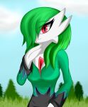  2022 3_fingers clothing cobra0281 female fingers gardevoir green_hair hair hair_over_eye hi_res humanoid looking_at_viewer nintendo not_furry one_eye_obstructed outside pok&eacute;mon pok&eacute;mon_(species) red_eyes ruby_(ghostth39) simple_background smile solo video_games 