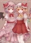  2girls :d adapted_costume bat_wings bebitera blonde_hair bow bowtie center_frills closed_mouth commentary crystal dress eyebrows_visible_through_hair fangs flandre_scarlet frilled_sleeves frills garter_straps grey_background hat hat_ribbon highres light_purple_hair long_dress looking_at_viewer mob_cap multiple_girls neck_ribbon one_side_up open_mouth orange_bow orange_bowtie petticoat pinafore_dress pink_dress puffy_short_sleeves puffy_sleeves red_bow red_bowtie red_dress red_eyes red_ribbon remilia_scarlet ribbon short_dress short_hair short_sleeves siblings simple_background sisters skirt_hold smile standing striped striped_background thighhighs touhou underbust vertical_stripes white_legwear wings wrist_cuffs 