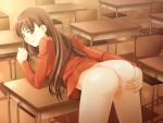  1girl bent_over bottomless brown_eyes brown_hair censored classroom closed_mouth desk eyebrows_visible_through_hair game_cg indoors jacket kaiho_izumi long_hair long_sleeves looking_at_viewer looking_back mosaic_censoring ojiri_shin&#039;ya on_desk pussy red_jacket shiny shiny_hair smile solo spread_pussy straight_hair teacher toshiue_lesson very_long_hair 