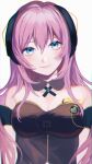  1girl absurdres arm_strap bangs black_ribbon blue_eyes breasts cleavage closed_mouth collarbone commentary detached_collar floating_hair hair_between_eyes hair_ornament highres long_hair looking_at_viewer medium_breasts megurine_luka megurine_luka_(vocaloid4) neck_ribbon p2_(uxjzz) pink_hair ribbon simple_background smile solo strapless upper_body v4x vocaloid white_background 