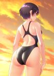  1girl ass black_hair black_swimsuit brown_eyes cloud commentary_request competition_swimsuit cowboy_shot from_below highres kuri_(kurigohan) one-piece_swimsuit orange_sky original short_hair sky solo standing sunset swimsuit 
