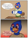  2021 anthro avian bird cedricbrowning_(artist) child clothed clothing comic desk dialogue digital_media_(artwork) empty_eyes english_text falco_lombardi furniture gradient_background hi_res holding_object humor male nintendo open_mouth simple_background smile solo standing star_fox table text video_games young 